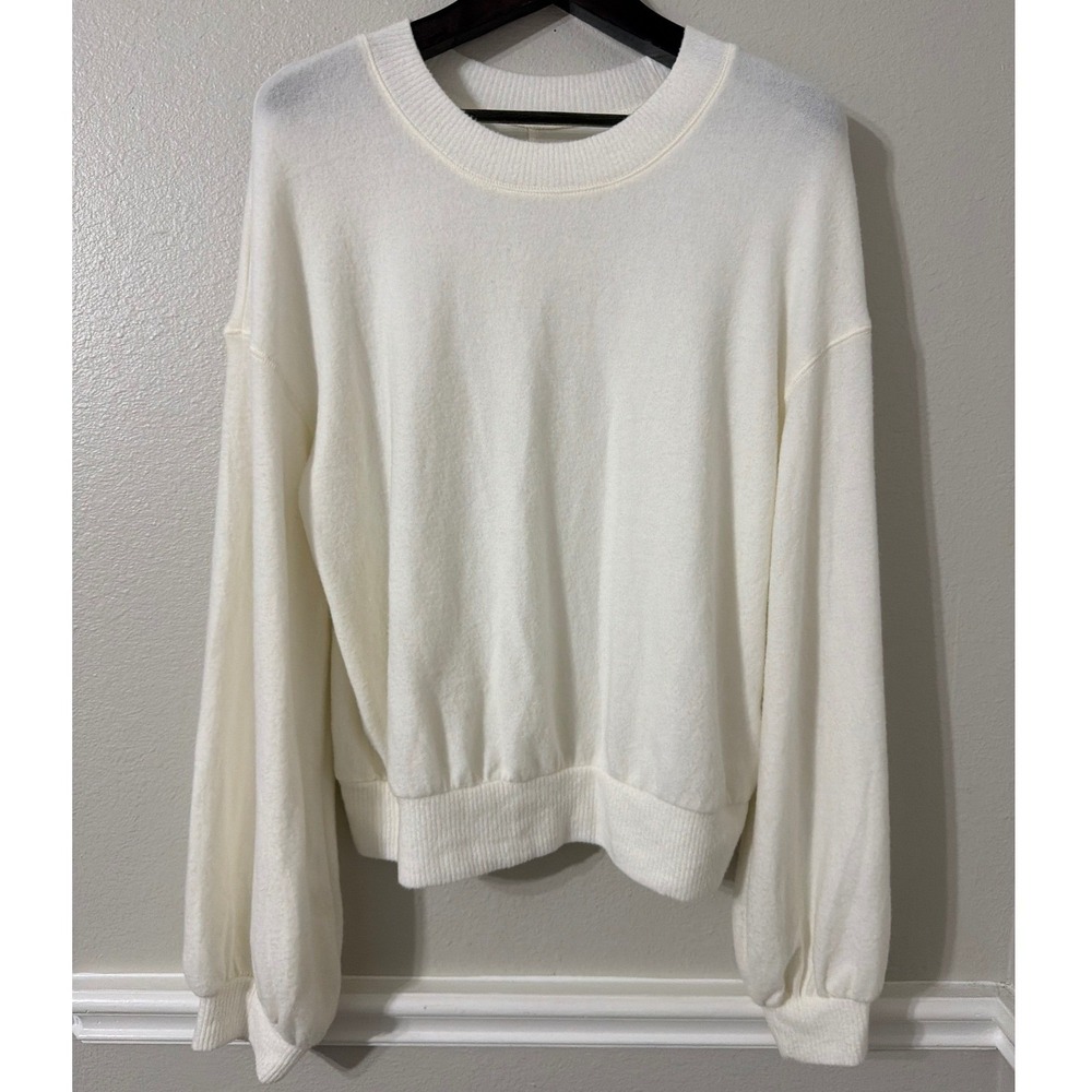 Free People Beach Cream Cozy Balloon Sleeve Crewneck Sweatshirt Fuzzy‎ Soft MED